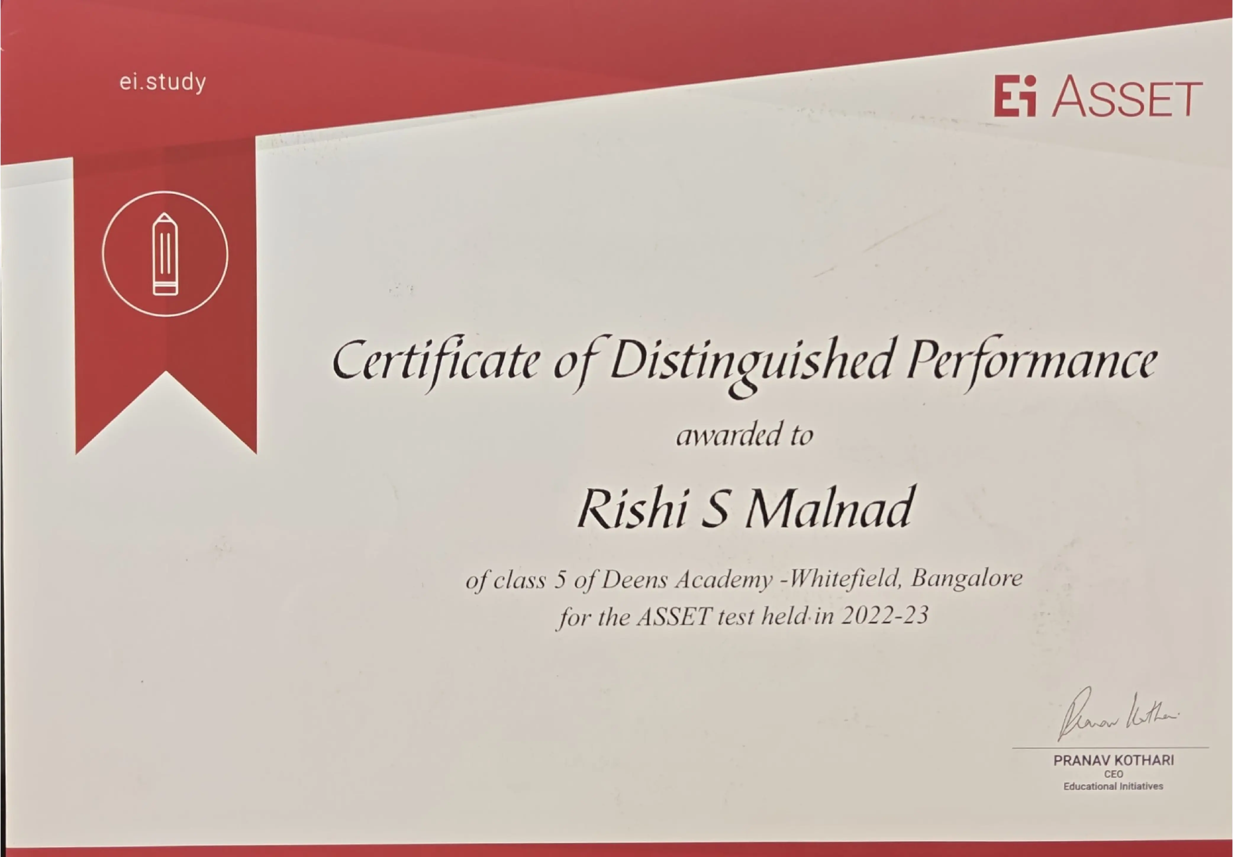 Ei Asset Certificate of Distinguished Performance (Grade 5 - 2022/23)